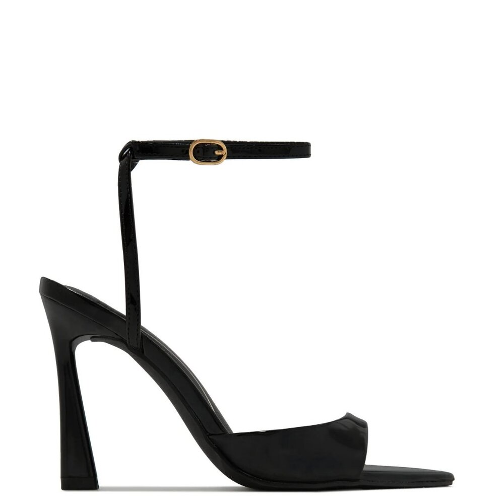 New Black Open Toe Ankle Strap Sandal Stiletto High Heel Faux Patent Leather - Picture 3 of 5